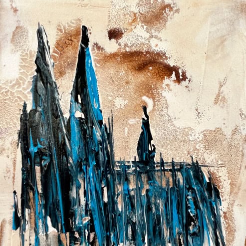 „Mini Kölner Dom Abstrakt“<br>Acryl auf MDF Block<br>10 x 10 cm<br>mit Aufhängung<br>handsigniert und mit Echtheitszertifikat