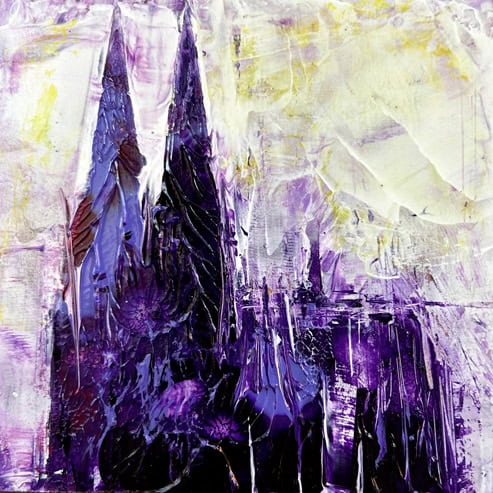 „Mini Kölner Dom Abstrakt“<br>Acryl auf MDF Block<br>10 x 10 cm<br>mit Aufhängung<br>handsigniert und mit Echtheitszertifikat