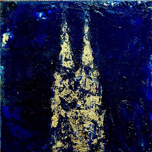„Mini Kölner Dom Abstrakt“<br>Acryl auf MDF Block<br>10 x 10 cm<br>mit Aufhängung<br>handsigniert und mit Echtheitszertifikat