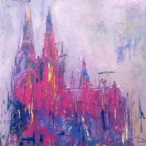 „Mini Kölner Dom Abstrakt“<br>Acryl auf MDF Block<br>10 x 10 cm<br>mit Aufhängung<br>handsigniert und mit Echtheitszertifikat