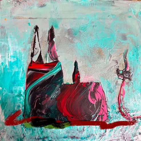 „Mini Kölner Dom Abstrakt“<br>Acryl auf MDF Block<br>10 x 10 cm<br>mit Aufhängung<br>handsigniert und mit Echtheitszertifikat