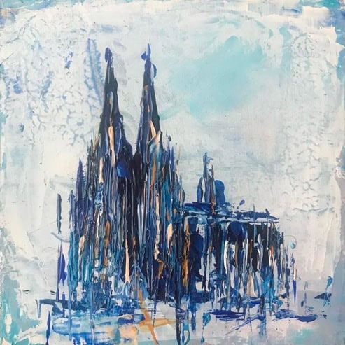 „Mini Kölner Dom Abstrakt“<br>Acryl auf MDF Block<br>10 x 10 cm<br>mit Aufhängung<br>handsigniert und mit Echtheitszertifikat