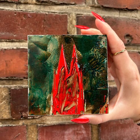 „Mini Kölner Dom Abstrakt“<br>Acryl auf MDF Block<br>10 x 10 cm<br>mit Aufhängung<br>handsigniert und mit Echtheitszertifikat