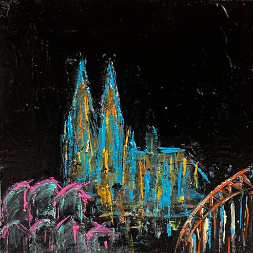 „Mini Kölner Dom Abstrakt“<br>Acryl auf MDF Block<br>10 x 10 cm<br>mit Aufhängung<br>handsigniert und mit Echtheitszertifikat