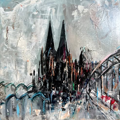 „Mini Kölner Dom Abstrakt“<br>Acryl auf MDF Block<br>10 x 10 cm<br>mit Aufhängung<br>handsigniert und mit Echtheitszertifikat
