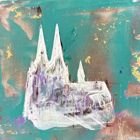 „Mini Kölner Dom Abstrakt“<br>Acryl auf MDF Block<br>10 x 10 cm<br>mit Aufhängung<br>handsigniert und mit Echtheitszertifikat