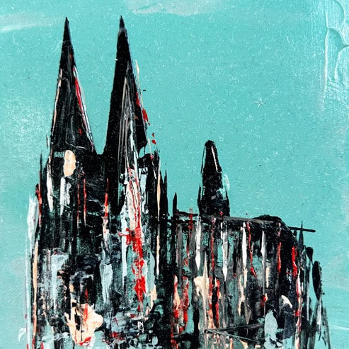 „Mini Kölner Dom Abstrakt“<br>Acryl auf MDF Block<br>10 x 10 cm<br>mit Aufhängung<br>handsigniert und mit Echtheitszertifikat
