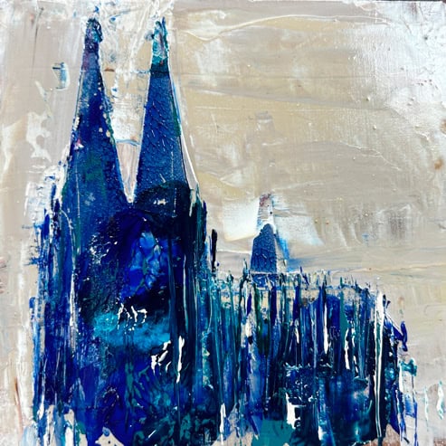 „Mini Kölner Dom Abstrakt“<br>Acryl auf MDF Block<br>10 x 10 cm<br>mit Aufhängung<br>handsigniert und mit Echtheitszertifikat