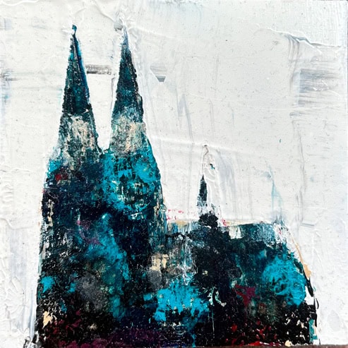 „Mini Kölner Dom Abstrakt“<br>Acryl auf MDF Block<br>10 x 10 cm<br>mit Aufhängung<br>handsigniert und mit Echtheitszertifikat