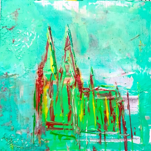„Mini Kölner Dom Abstrakt“<br>Acryl auf MDF Block<br>10 x 10 cm<br>mit Aufhängung<br>handsigniert und mit Echtheitszertifikat