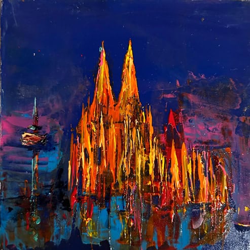 „Mini Kölner Dom Abstrakt“<br>Acryl auf MDF Block<br>10 x 10 cm<br>mit Aufhängung<br>handsigniert und mit Echtheitszertifikat