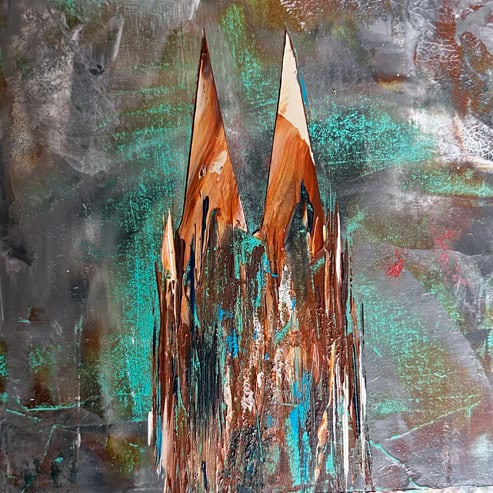„Mini Kölner Dom Abstrakt“<br>Acryl auf MDF Block<br>10 x 10 cm<br>mit Aufhängung<br>handsigniert und mit Echtheitszertifikat