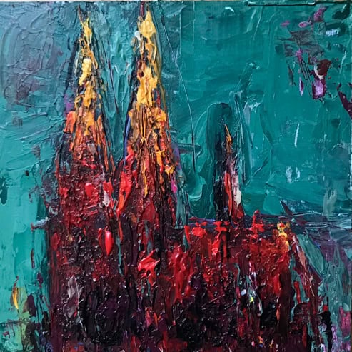„Mini Kölner Dom Abstrakt“<br>Acryl auf MDF Block<br>10 x 10 cm<br>mit Aufhängung<br>handsigniert und mit Echtheitszertifikat