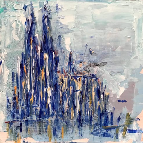 „Mini Kölner Dom Abstrakt“<br>Acryl auf MDF Block<br>10 x 10 cm<br>mit Aufhängung<br>handsigniert und mit Echtheitszertifikat