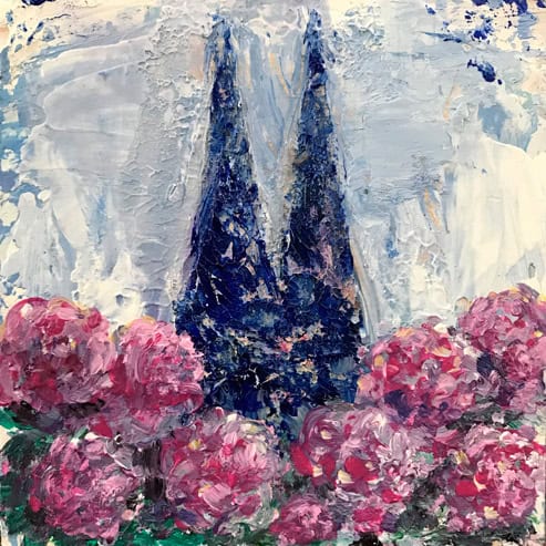 „Mini Kölner Dom Abstrakt“<br>Acryl auf MDF Block<br>10 x 10 cm<br>mit Aufhängung<br>handsigniert und mit Echtheitszertifikat