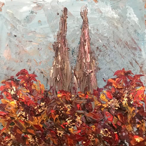 „Mini Kölner Dom Abstrakt“<br>Acryl auf MDF Block<br>10 x 10 cm<br>mit Aufhängung<br>handsigniert und mit Echtheitszertifikat
