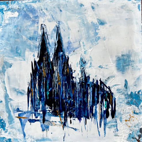 „Mini Kölner Dom Abstrakt“<br>Acryl auf MDF Block<br>10 x 10 cm<br>mit Aufhängung<br>handsigniert und mit Echtheitszertifikat