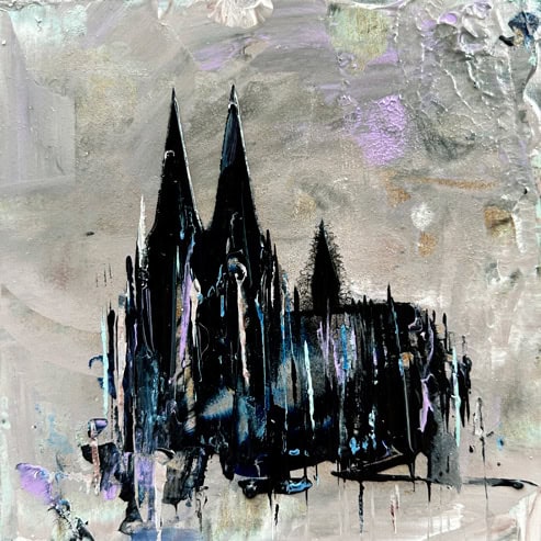 „Mini Kölner Dom Abstrakt“<br>Acryl auf MDF Block<br>10 x 10 cm<br>mit Aufhängung<br>handsigniert und mit Echtheitszertifikat