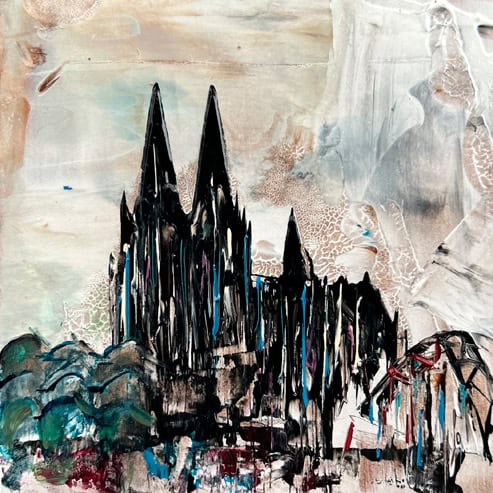 „Mini Kölner Dom Abstrakt“<br>Acryl auf MDF Block<br>10 x 10 cm<br>mit Aufhängung<br>handsigniert und mit Echtheitszertifikat