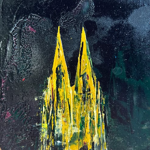 „Mini Kölner Dom Abstrakt“<br>Acryl auf MDF Block<br>10 x 10 cm<br>mit Aufhängung<br>handsigniert und mit Echtheitszertifikat