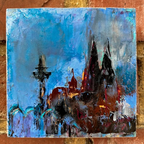 „Mini Kölner Dom Abstrakt“<br>Acryl auf MDF Block<br>10 x 10 cm<br>mit Aufhängung<br>handsigniert und mit Echtheitszertifikat