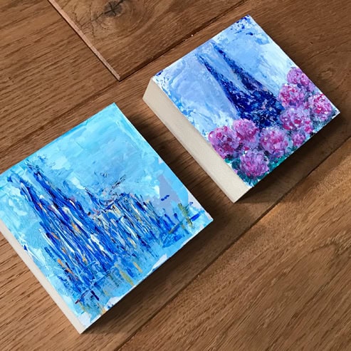 „Mini Kölner Dom Abstrakt“<br>Acryl auf MDF Block<br>10 x 10 cm<br>mit Aufhängung<br>handsigniert und mit Echtheitszertifikat