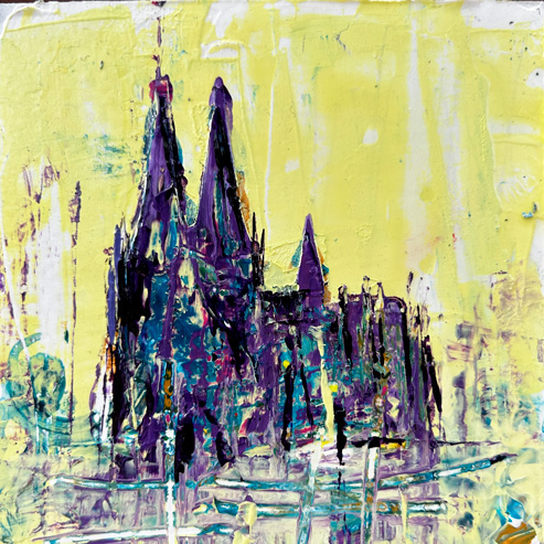 „Mini Kölner Dom Abstrakt“<br>Acryl auf MDF Block<br>10 x 10 cm<br>mit Aufhängung<br>handsigniert und mit Echtheitszertifikat