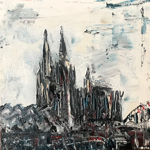 „Mini Kölner Dom Abstrakt“<br>Acryl auf MDF Block<br>10 x 10 cm<br>mit Aufhängung<br>handsigniert und mit Echtheitszertifikat