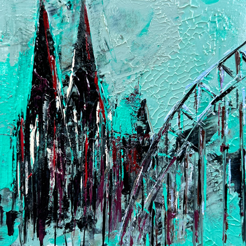 „Mini Kölner Dom Abstrakt“<br>Acryl auf MDF Block<br>10 x 10 cm<br>mit Aufhängung<br>handsigniert und mit Echtheitszertifikat