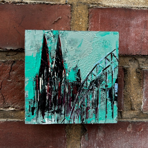 „Mini Kölner Dom Abstrakt“<br>Acryl auf MDF Block<br>10 x 10 cm<br>mit Aufhängung<br>handsigniert und mit Echtheitszertifikat