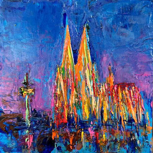„Mini Kölner Dom Abstrakt“<br>Acryl auf MDF Block<br>10 x 10 cm<br>mit Aufhängung<br>handsigniert und mit Echtheitszertifikat