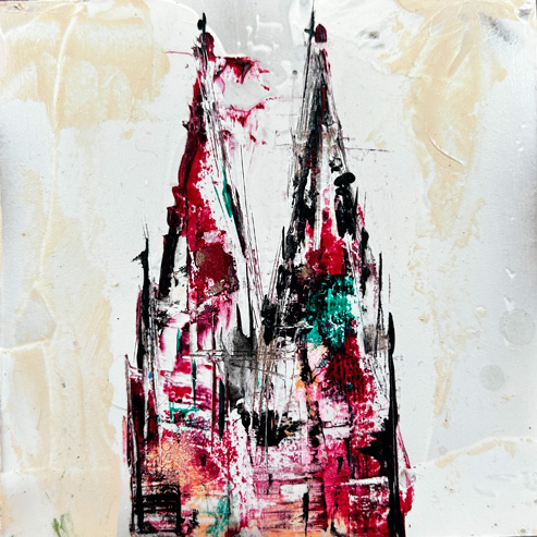 „Mini Kölner Dom Abstrakt“<br>Acryl auf MDF Block<br>10 x 10 cm<br>mit Aufhängung<br>handsigniert und mit Echtheitszertifikat