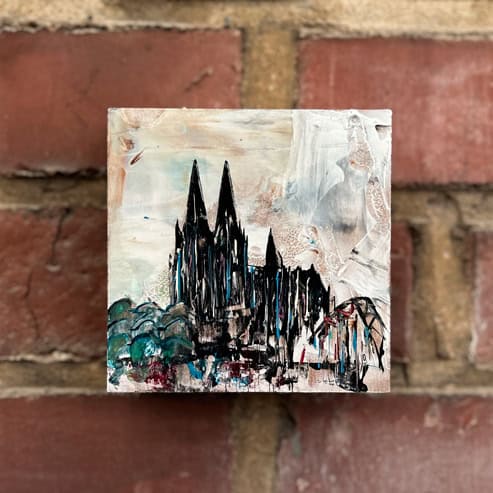 „Mini Kölner Dom Abstrakt“<br>Acryl auf MDF Block<br>10 x 10 cm<br>mit Aufhängung<br>handsigniert und mit Echtheitszertifikat