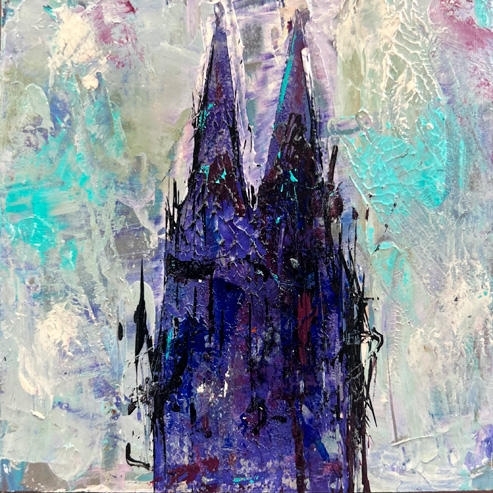 „Mini Kölner Dom Abstrakt“<br>Acryl auf MDF Block<br>10 x 10 cm<br>mit Aufhängung<br>handsigniert und mit Echtheitszertifikat