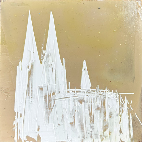 „Mini Kölner Dom Abstrakt“<br>Acryl auf MDF Block<br>10 x 10 cm<br>mit Aufhängung<br>handsigniert und mit Echtheitszertifikat