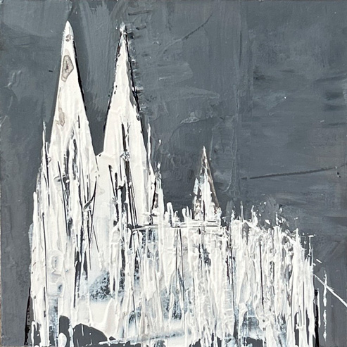„Mini Kölner Dom Abstrakt“<br>Acryl auf MDF Block<br>10 x 10 cm<br>mit Aufhängung<br>handsigniert und mit Echtheitszertifikat