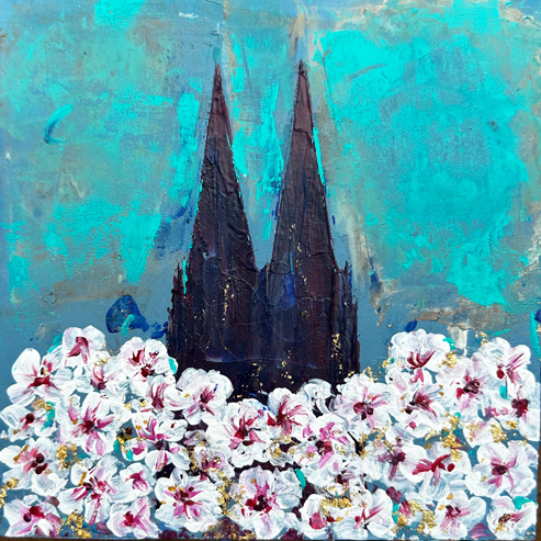 „Mini Kölner Dom Abstrakt“<br>Acryl auf MDF Block<br>10 x 10 cm<br>mit Aufhängung<br>handsigniert und mit Echtheitszertifikat
