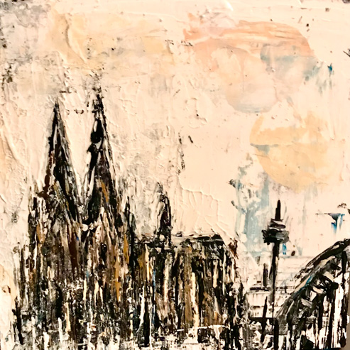 „Mini Kölner Dom Abstrakt“<br>Acryl auf MDF Block<br>10 x 10 cm<br>mit Aufhängung<br>handsigniert und mit Echtheitszertifikat