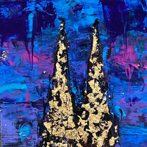 „Mini Kölner Dom Abstrakt“<br>Acryl auf MDF Block<br>10 x 10 cm<br>mit Aufhängung<br>handsigniert und mit Echtheitszertifikat
