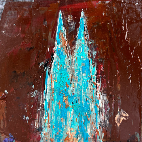 „Mini Kölner Dom Abstrakt“<br>Acryl auf MDF Block<br>10 x 10 cm<br>mit Aufhängung<br>handsigniert und mit Echtheitszertifikat