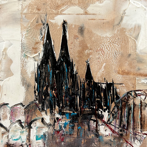 „Mini Kölner Dom Abstrakt“<br>Acryl auf MDF Block<br>10 x 10 cm<br>mit Aufhängung<br>handsigniert und mit Echtheitszertifikat