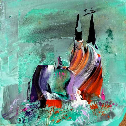 „Mini Kölner Dom Abstrakt“<br>Acryl auf MDF Block<br>10 x 10 cm<br>mit Aufhängung<br>handsigniert und mit Echtheitszertifikat