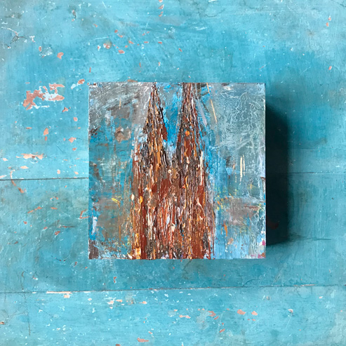„Mini Kölner Dom Abstrakt“<br>Acryl auf MDF Block<br>10 x 10 cm<br>mit Aufhängung<br>handsigniert und mit Echtheitszertifikat