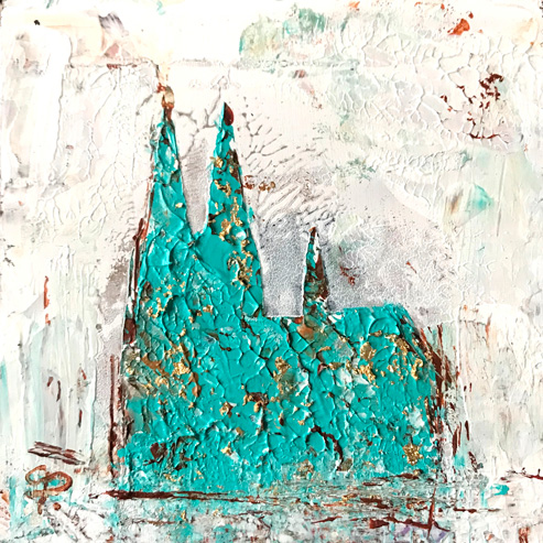 „Mini Kölner Dom Abstrakt“<br>Acryl auf MDF Block<br>10 x 10 cm<br>mit Aufhängung<br>handsigniert und mit Echtheitszertifikat