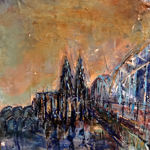 „Mini Kölner Dom Abstrakt“<br>Acryl auf MDF Block<br>10 x 10 cm<br>mit Aufhängung<br>handsigniert und mit Echtheitszertifikat