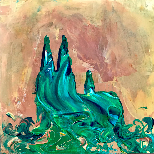 „Mini Kölner Dom Abstrakt“<br>Acryl auf MDF Block<br>10 x 10 cm<br>mit Aufhängung<br>handsigniert und mit Echtheitszertifikat