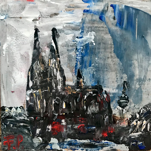 „Mini Kölner Dom Abstrakt“<br>Acryl auf MDF Block<br>10 x 10 cm<br>mit Aufhängung<br>handsigniert und mit Echtheitszertifikat
