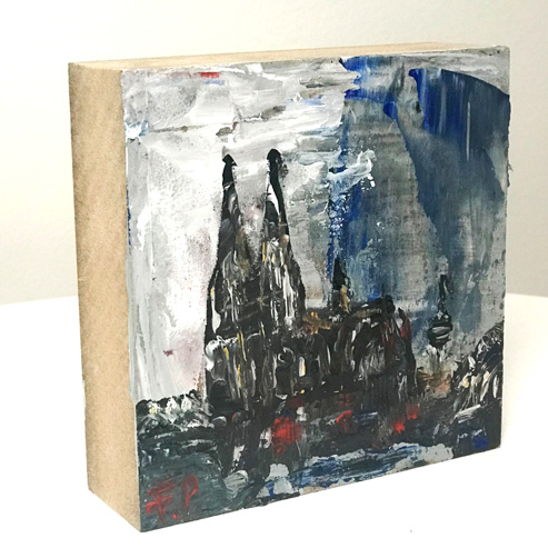 „Mini Kölner Dom Abstrakt“<br>Acryl auf MDF Block<br>10 x 10 cm<br>mit Aufhängung<br>handsigniert und mit Echtheitszertifikat