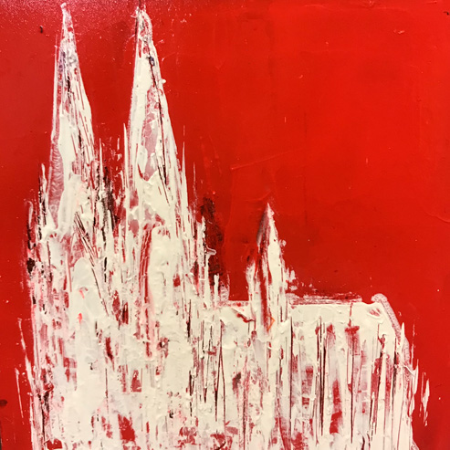 „Mini Kölner Dom Abstrakt“<br>Acryl auf MDF Block<br>10 x 10 cm<br>mit Aufhängung<br>handsigniert und mit Echtheitszertifikat