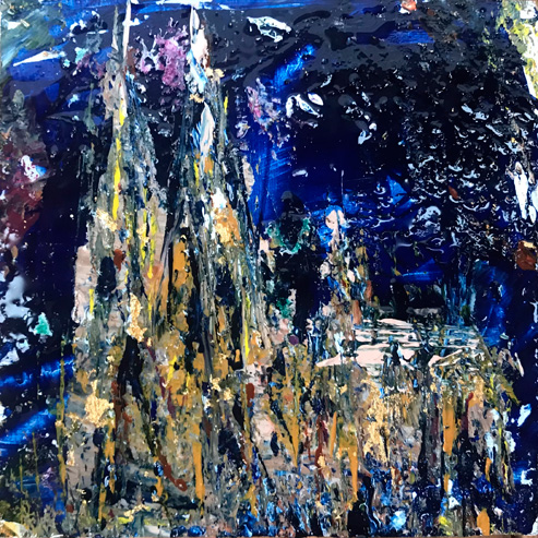 „Mini Kölner Dom Abstrakt“<br>Acryl auf MDF Block<br>10 x 10 cm<br>mit Aufhängung<br>handsigniert und mit Echtheitszertifikat